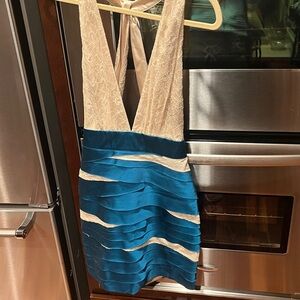 Bebe Teal and Cream Halter Dress